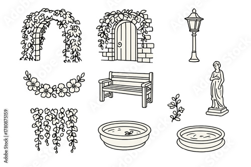 Secret Garden Icons. Line style icons of Secret Garden: Overgrown Arch, Hidden Door, Lantern Post, Flower Garland, Garden Bench,