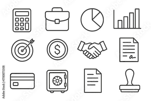 Business Tool Icons. Line style icons of business tools: calculator, briefcase, pie chart, bar graph; target board, dollar coin,
