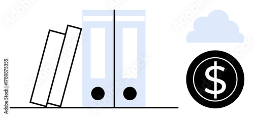 Office binders arranged with a tilted stack, black dollar coin, and blue cloud symbol. Ideal for business, finance, data organization, digital storage, cloud computing, accounting simple flat