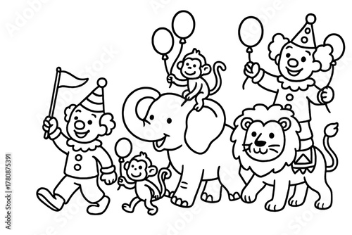 Circus Animal Parade. Cheerful parade of circus animals—elephants, monkeys, and lions—with balloons, flags, and clowns leading,