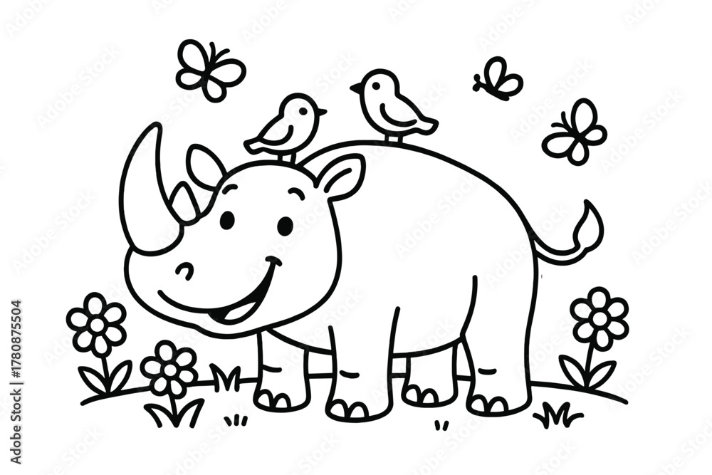 Obraz premium Rhinoceros and Friends. Cheerful rhinoceros standing on the plain with birds on its back, butterflies, and flowers around, black