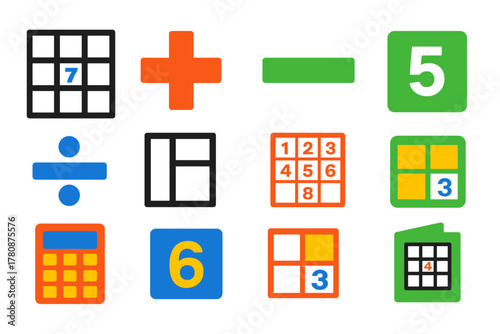 Flat KenKen Icons. Flat vector icons of KenKen puzzles: arithmetic grid, plus sign, minus sign, multiplication sign, division sign