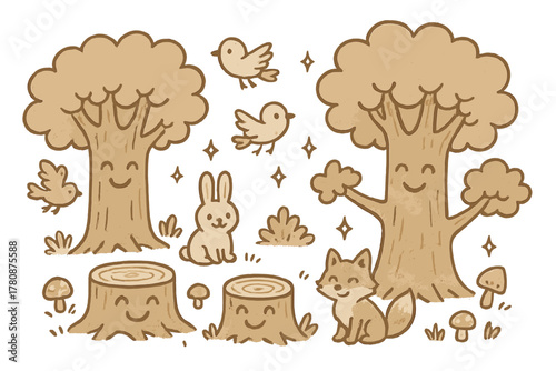 Enchanting Forest Whimsy. Adorable doodle historical forest illustration with smiling trees, cartoon tree rings with faces,
