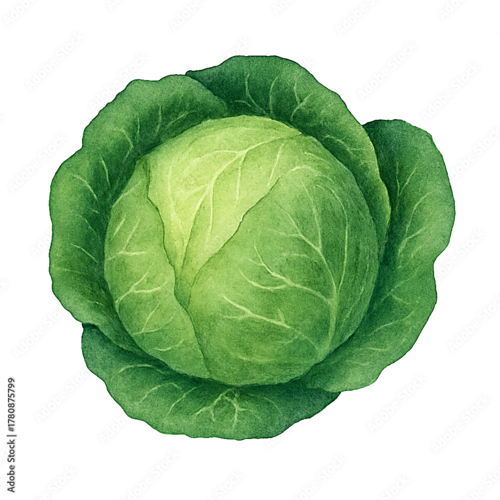 Obraz premium Green Cabbage Watercolor Illustration on Transparent Background