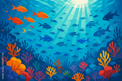 Underwater Coral Paradise. Vibrant underwater scene with schools of colorful fish swimming over a coral reef, bright sunlight