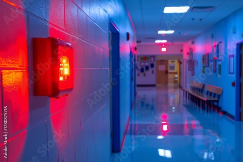 Emergency alarm light in a school hallway