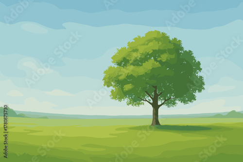 Tranquil Meadow Tree. Scenic shot of a single tree standing in an expansive green meadow under a soft blue sky, serene and