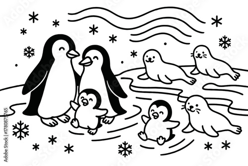 Penguin Family Adventure. Happy penguin parents with chicks sliding on ice with seals, snowflakes, and northern lights above,