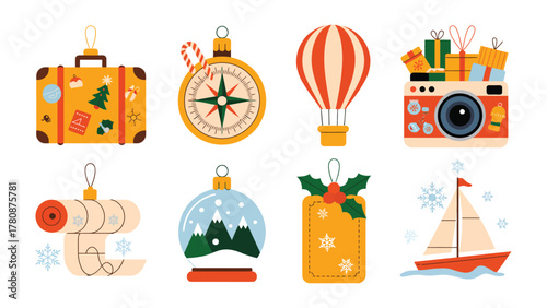 Holiday Travel Elements: A festive illustration of travel essentials, incorporating whimsical ornaments, suitcase, camera, compass, sailboat, hot air balloon, and a scroll.