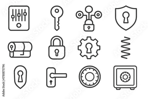 Line Style Lock Icons. Line style icons of Keyed Locks: Tumbler, Key, Lock System, Security; Cylinder, Padlock, Gear, Spring;