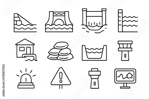 Flood Control Icons. Line style icons of flood control: levee, dike, floodgate, barrier wall; pumping station, sandbags, spill