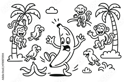 Banana Slip Comedy. Funny banana slipping on its peel while monkeys, parrots, and palm trees laugh around, black and white line