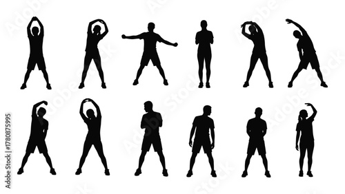 Silhouettes of people exercising and stretching isolated on transparent background, Vector