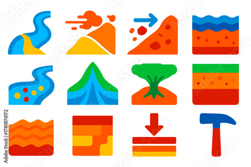 Geoarchaeology Icons. Flat vector icons of formation processes in geoarchaeology: river deposition, wind erosion, slope movement,