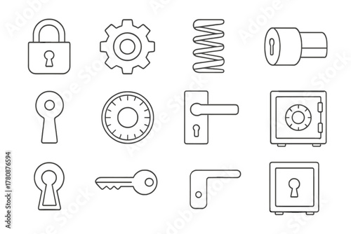 Lock Mechanism Icons. Line style icons of Lock Mechanics: Tumbler, Key, Mechanism, Security; Padlock, Gear, Spring, Cylinder;