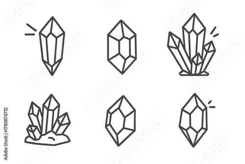 Crystal Formation Icons. Line style icons of Crystal Formation: Refracted Light, Geometric Shape, Prism, Cluster, Mineral Specimen