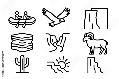 Canyon Icons Collection. Line style icons of Canyon: Raft, Condor, Layer of Rock, River, Cliff Edge, Bighorn Sheep, Cactus,