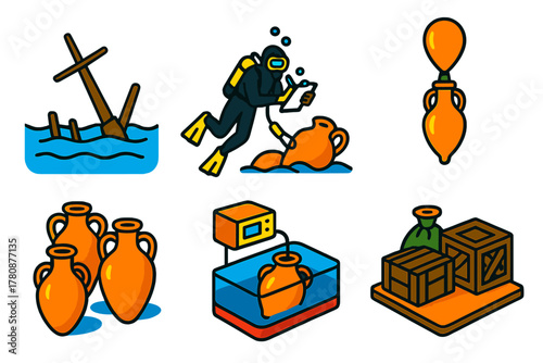 Nautical Archaeology Icons. Isometric vector illustration set Nautical archaeology: submerged masts, divers with measuring tools,
