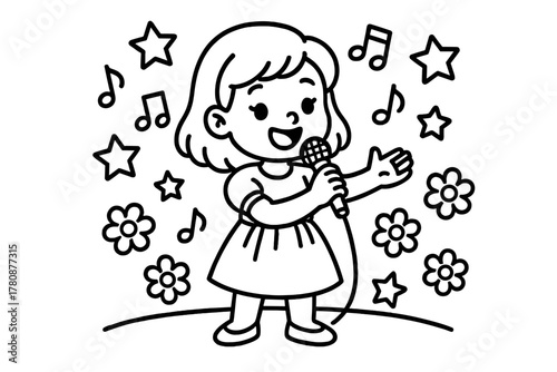 Singing Star Performance. Talented singer holding a microphone on stage with stars, music notes, and flowers around, black and