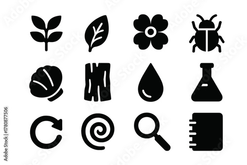 Environmental Dye Sources Icons. Solid style icons of environmental sources of dyes: plant, leaf, flower, insect, shell, bark,