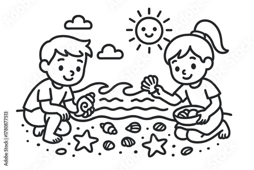 Kids Collecting Seashells. Curious kids collecting seashells along the shore with starfish, waves, and smiling sun, black and
