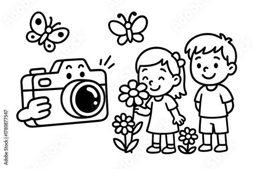 Camera Captures Joyful Moments. Funny camera snapping pictures of butterflies, flowers, and smiling children, black and white line