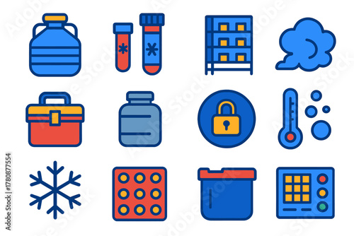 Cryogenic Storage Icons. Flat vector icons of Cryogenic Storage: liquid nitrogen dewar, frozen sample tube, cryobox grid, storage