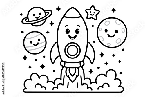 Rocket Ship Adventure. A cheerful rocket ship blasting off with planets, stars, and a moon smiling in the background, black and