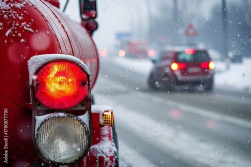 Red vehicle tail light in snowy weather