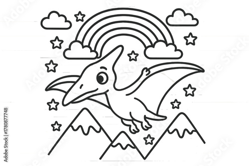 Pterodactyl in Starry Skies. Curious pterodactyl flying above mountains with clouds, stars, and a rainbow in the background, black