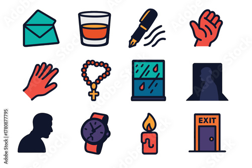 Noir Confession Icons. Flat vector icons of Noir Confession: folded note, whiskey glass, fountain pen, trembling hand, rosary