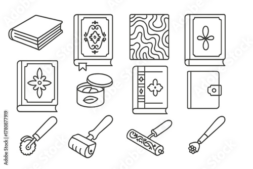 Decorative Bookbinding Elements. Line style icons of decorative bookbinding: gilded edge, embossed cover, marbled paper, ribbon