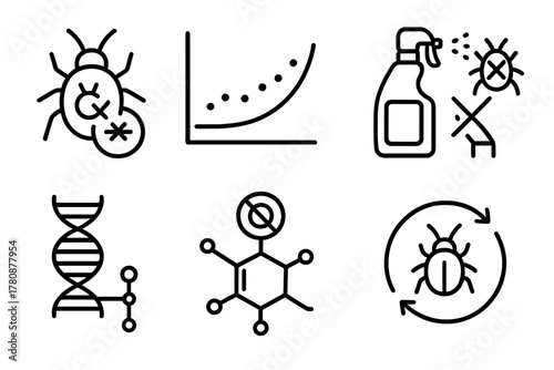 Pesticide Resistance Icons. Line style icons of Pesticide Resistance: mutation symbol on bug, resistant population graph, spray