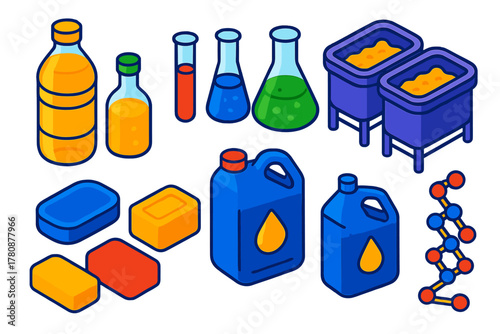 Oleochemical Isometric Icons. Isometric vector illustration set Oleochemistry: vegetable oil bottles, chemical lab glassware,
