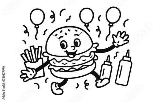 Dancing Burger Party. Funny hamburger character dancing with fries, ketchup bottles, and balloons around, black and white line art