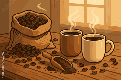 Cozy Coffee Morning. Rustic kitchen table filled with vector illustration freshly ground coffee beans and steaming mugs, soft