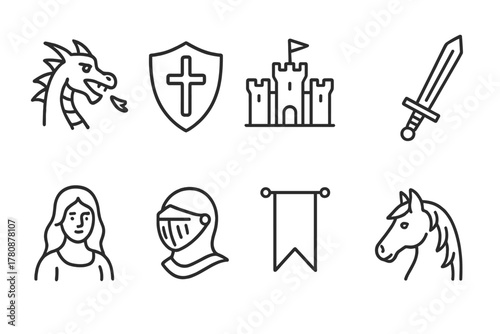 Knights and Dragons Icons. Line style icons of Knight's Quest: Dragon, Shield, Distant Castle, Sword, Fair Maiden, Helmet, Banner,