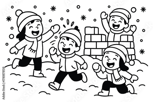 Children's Snowball Fight. Funny snowball fight with children laughing, snowflakes falling, and a snow fort behind them, black and