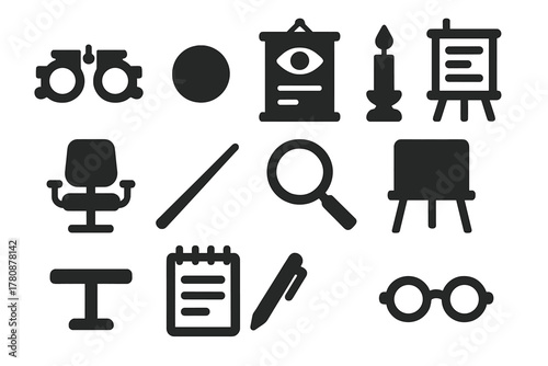 Eye Examination Icons. Solid style icons of Eye Examination: Trial Frame, Lens, Eye Chart, Candle Lamp, Chair, Pointer Stick,