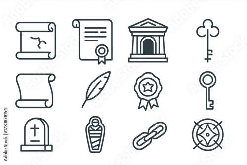 Historical Mystery Icons. Line style icons of Historical Mystery: Broken Seal, Imperial Decree, Ancient Tomb, Lost Lineage; Scroll