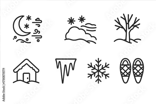 Blizzard Night Icons. Line style icons of Blizzard Night: Moonlight, Snowdrift, Whiteout, Frozen Tree, Shelter, Icicle, Snowflake,