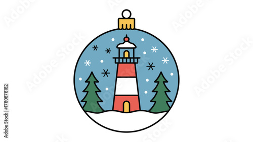 Christmas Lighthouse Ornament: A festive Christmas ornament captures the spirit of the season, showcasing a charming lighthouse amidst falling snowflakes and evergreen trees.