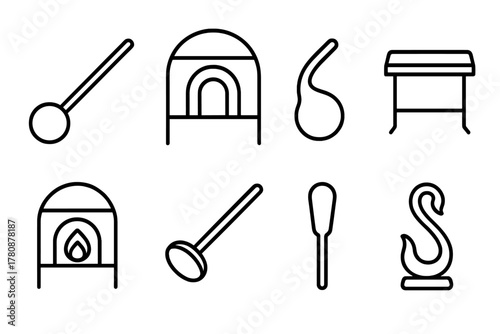 Glassblowing Tools Icons. Line style icons of Glassblowing: Blowpipe, Annealing Oven, Molten Glass, Marver, Furnace, Pontil,