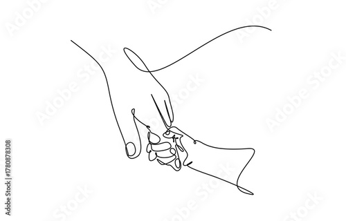 One continuous line drawing of baby kid hand holding mom dad parents hands. Vector illustration on transparent background