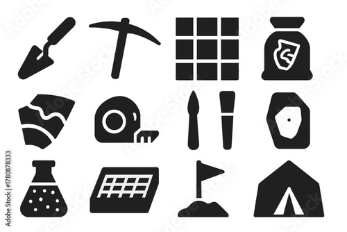 Archaeological Tools Icons. Solid style icons of Archaeological dig: trowel, pickaxe, trench grid, artifact bag, pottery shard,