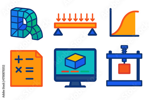 Structural Analysis Overview. Isometric vector illustration set Structural Analysis: finite element mesh, load distribution