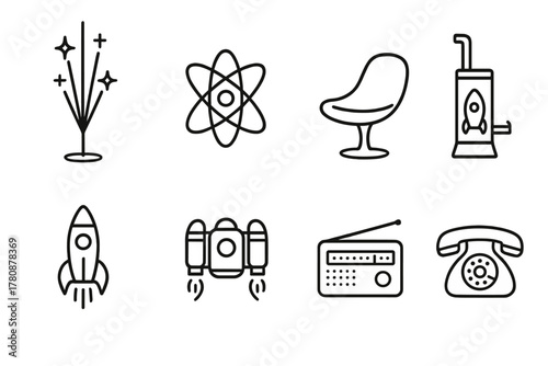 Atomic Age Icons. Line style icons of Atomic Age: Starburst Lamp, Atomic Symbol, Futuristic Chair, Rocket Stove, Neon Rocket,