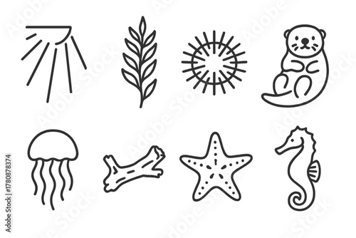 Kelp Forest Icons. Line style icons of Kelp Forest: Sunbeam, Kelp Frond, Sea Urchin, Sea Otter, Jellyfish, Driftwood, Starfish,
