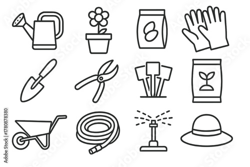 Home Gardening Icons. Line style icons of Home Gardening: Watering Can, Flower Pot, Seed Packet, Garden Gloves; Trowel, Pruning