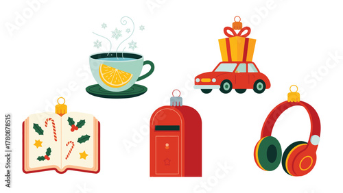 Festive Holiday Elements: A collection of delightful seasonal illustrations capturing the spirit of winter festivities, from a warm cup to gifts of car. These elements evoke cozy, warmth.